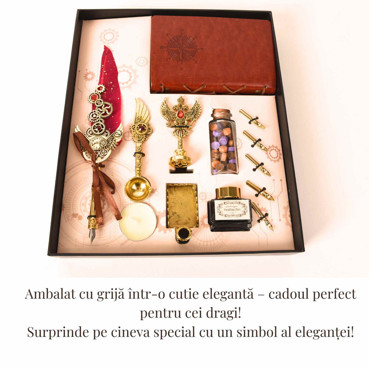 Set Pana rosie cu penita si mini Jurnal – Scris Artistic, Sigilii si Cadou Caligrafie