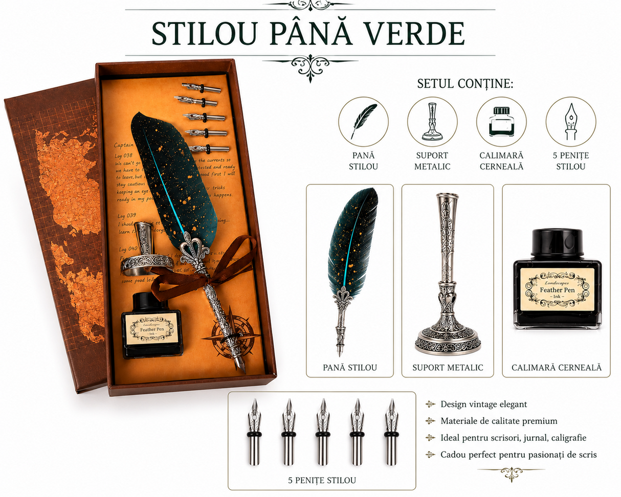Set Stilou Pana Verde Vintage – Eleganta si Creativitate pentru Scris Artistic