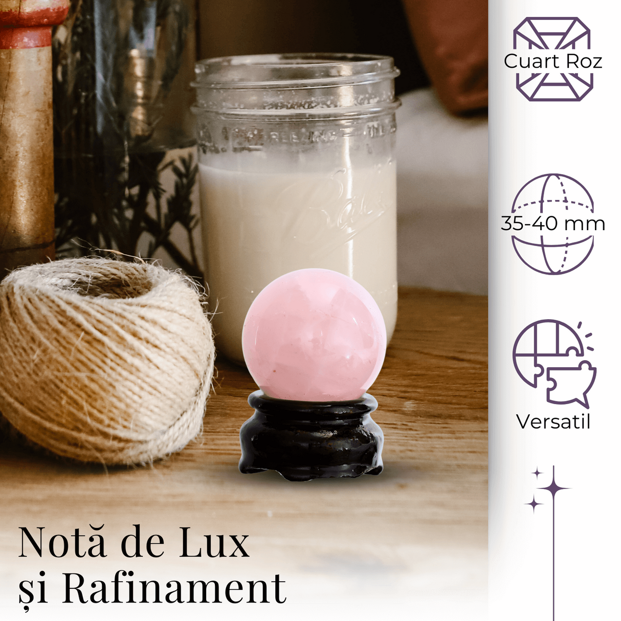Sfera din Cuart Roz 35-40 mm cu Suport Inclus - Promoveaza Iubirea de Sine si Armonia