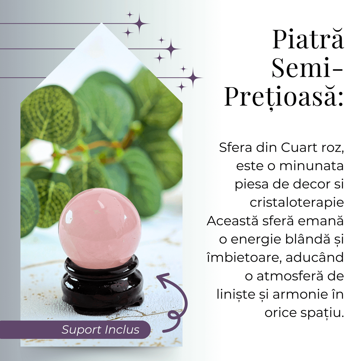 Sfera din Cuart Roz 35-40 mm cu Suport Inclus - Promoveaza Iubirea de Sine si Armonia