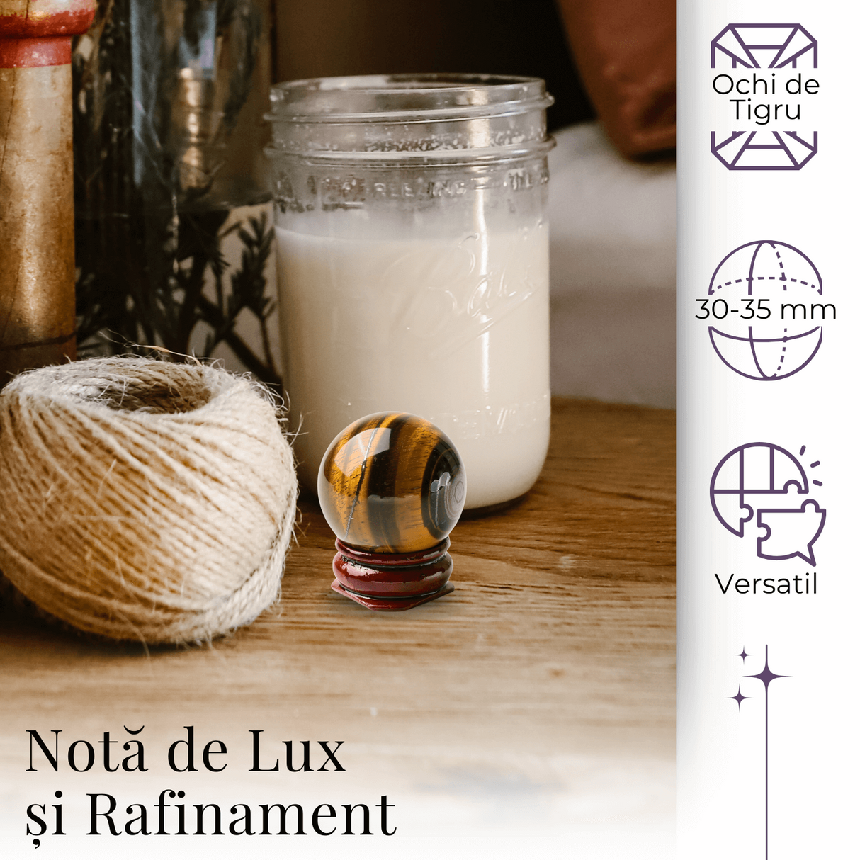 Sfera din Ochi de Tigru Natural, 1 buc, 30-35 mm - Piatra Semipretioasa pentru Cadouri, Curaj si Protectie