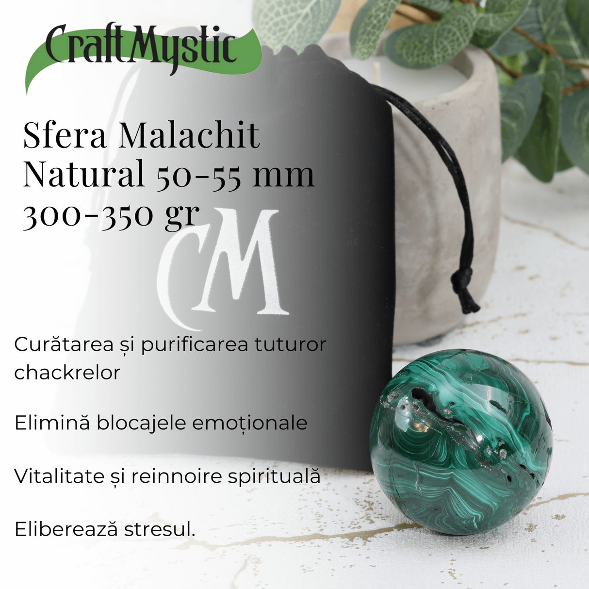 Sfera Malachit natural 50-55 mm 300-350 g - Focalizarea Energiilor de Vindecare