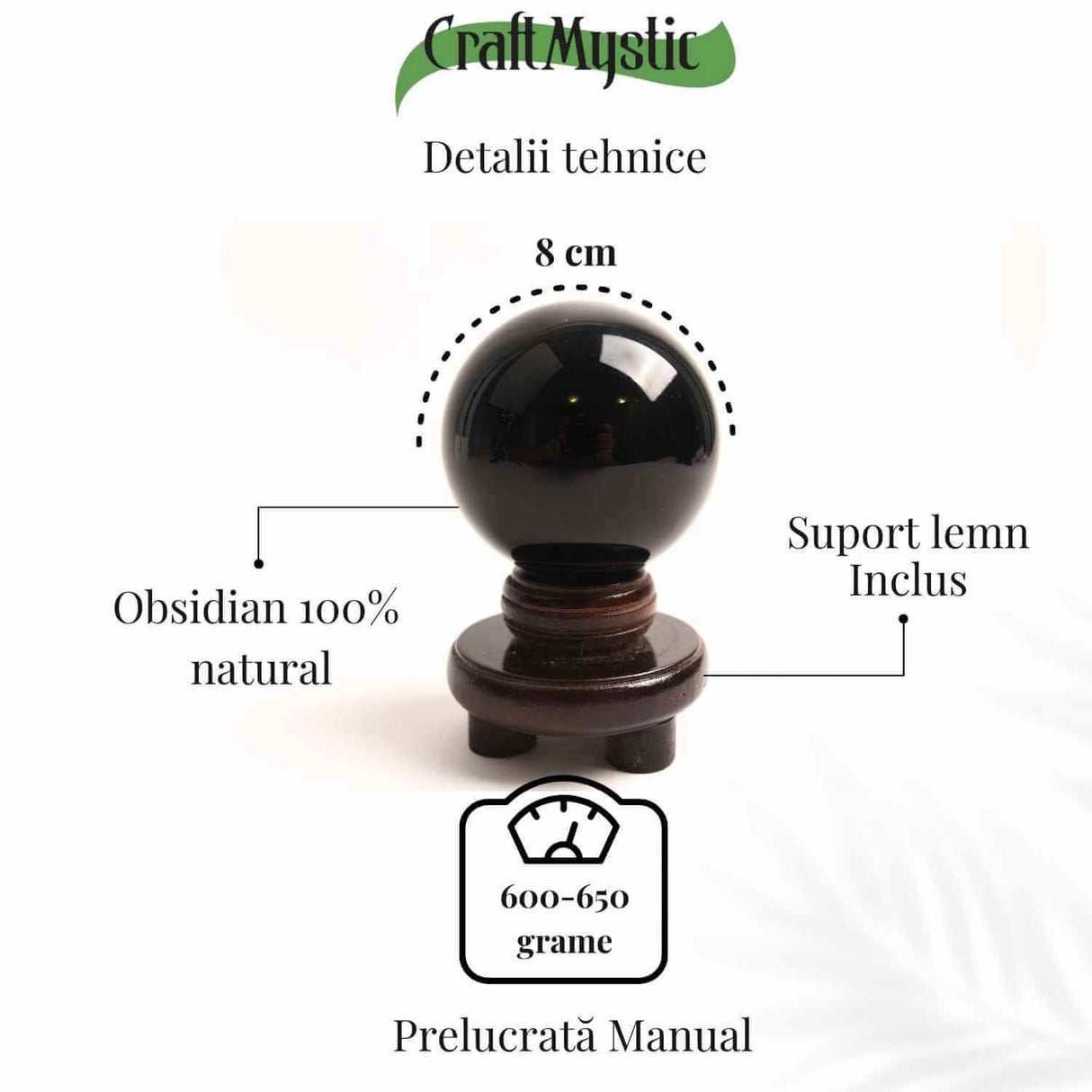 Sfera Obsidian Negru 100% Natural 80 mm cu Suport Lemn India - Protectie si Purificare Energetica