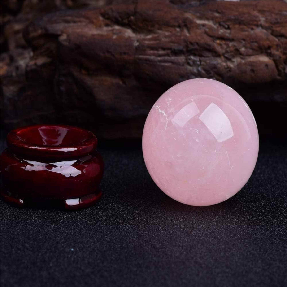 Sfera din Cuart Roz 25-30 mm, minge de cristal decorativa, cu suport de lemn - Pentru decor, meditatie, vindecare