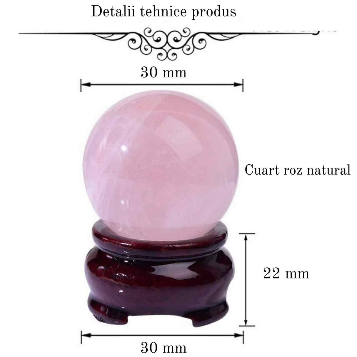 Sfera din Cuart Roz 25-30 mm, minge de cristal decorativa, cu suport de lemn - Pentru decor, meditatie, vindecare