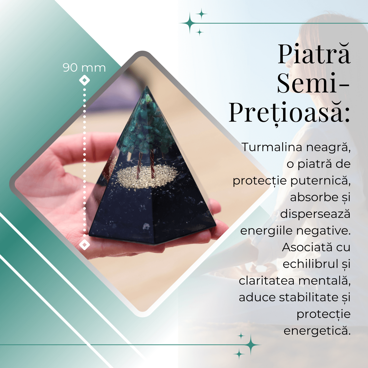 Piramida Orgonica 6 fete 90 mm Nubiana din Turmalina Neagra si Arborele Vietii Jad Verde