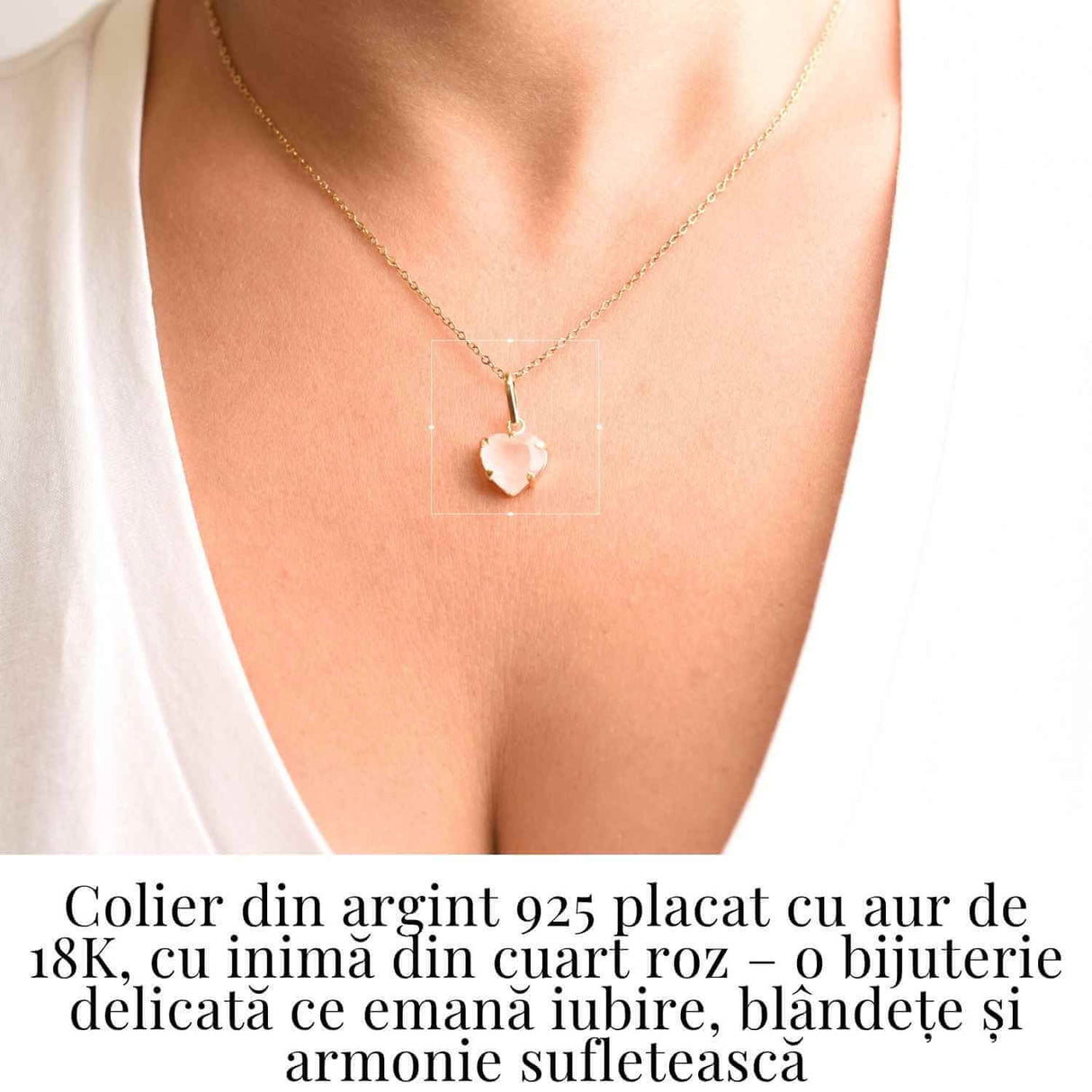 Iubire si Blandete - Colier din Argint 925 Placat cu Aur 18K cu Cuart Roz fatetat in Forma de Inima