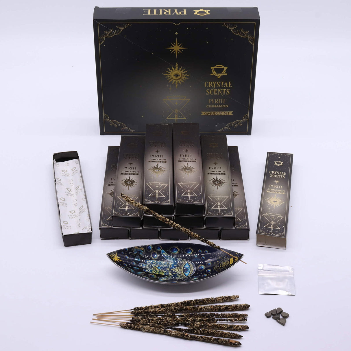 Smudge Kit cu Pirita si Betisoare Parfumate cu Scortisoara – Ritual de Abundenta, Protectie si Energie Activa
