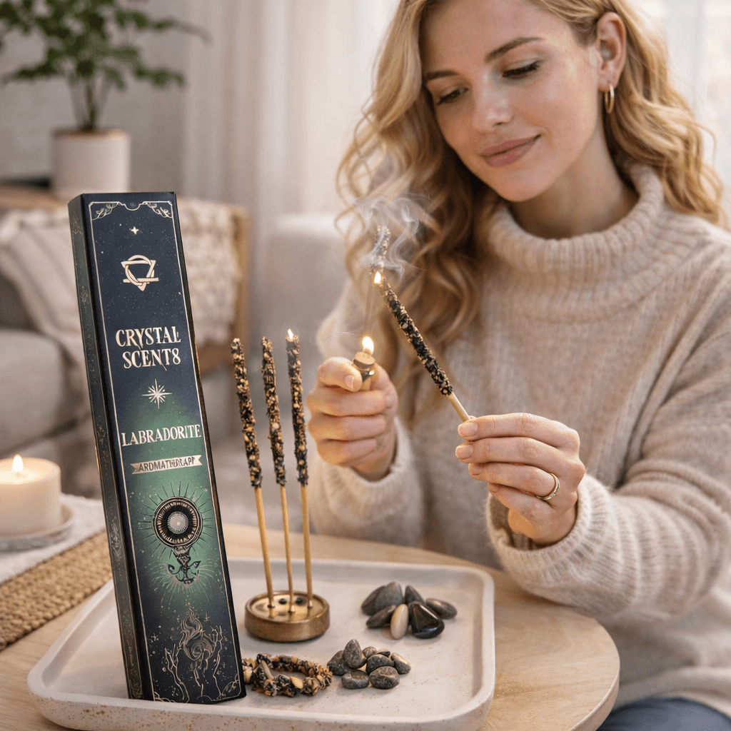 Smudge Kit cu Labradorit si Betisoare Parfumate Arruda - Ritual de Protectie Energetica si Claritate Spirituala