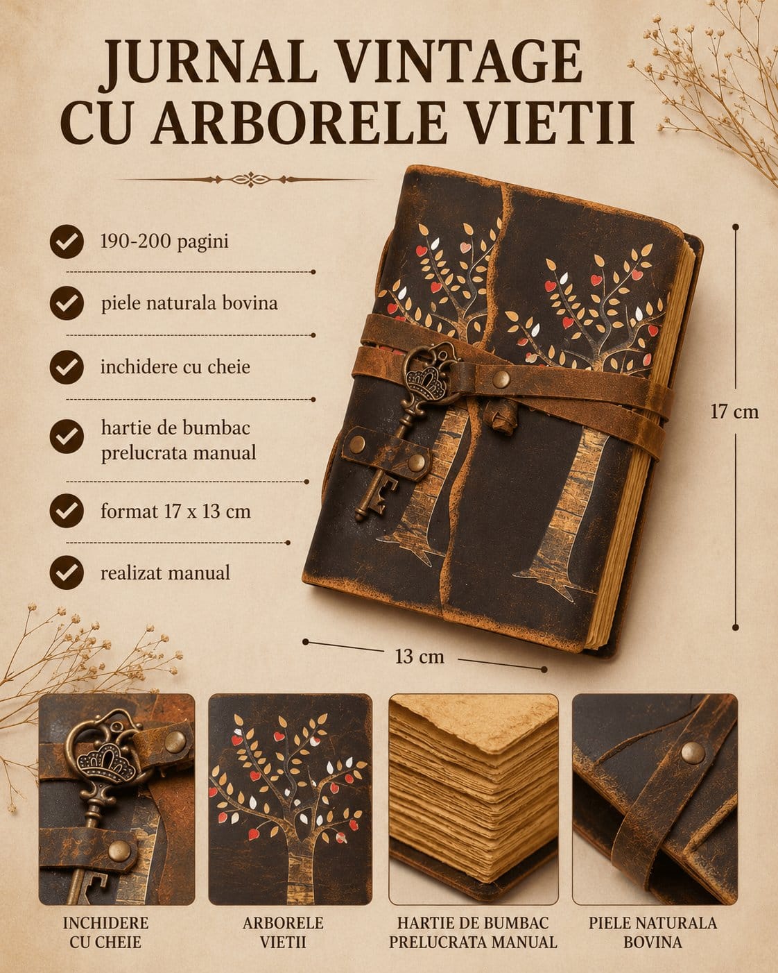 Jurnal Vintage cu Arborele Vietii, inchidere cu cheie si hartie de pergament- Protectie si Crestere