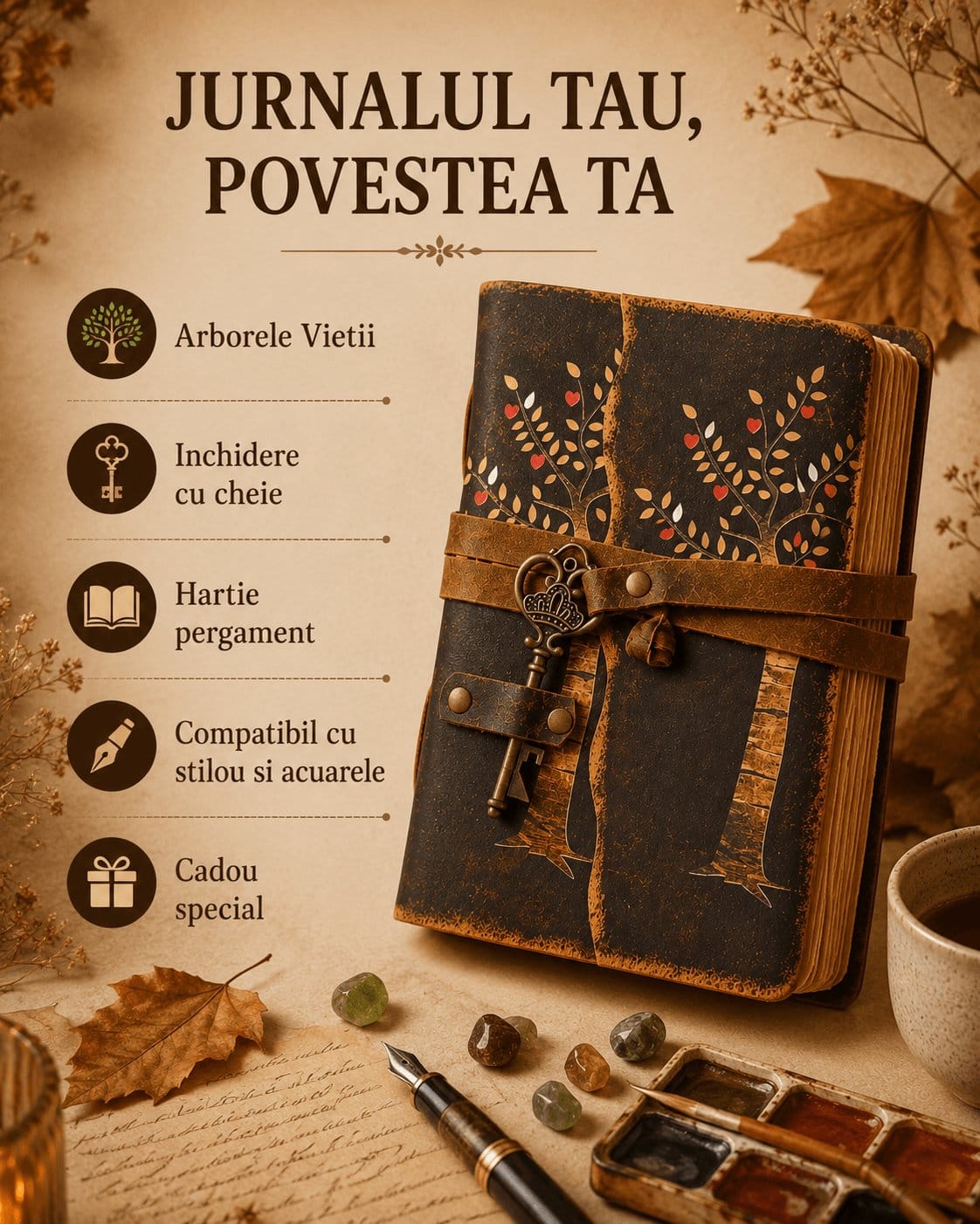 Jurnal Vintage cu Arborele Vietii, inchidere cu cheie si hartie de pergament- Protectie si Crestere