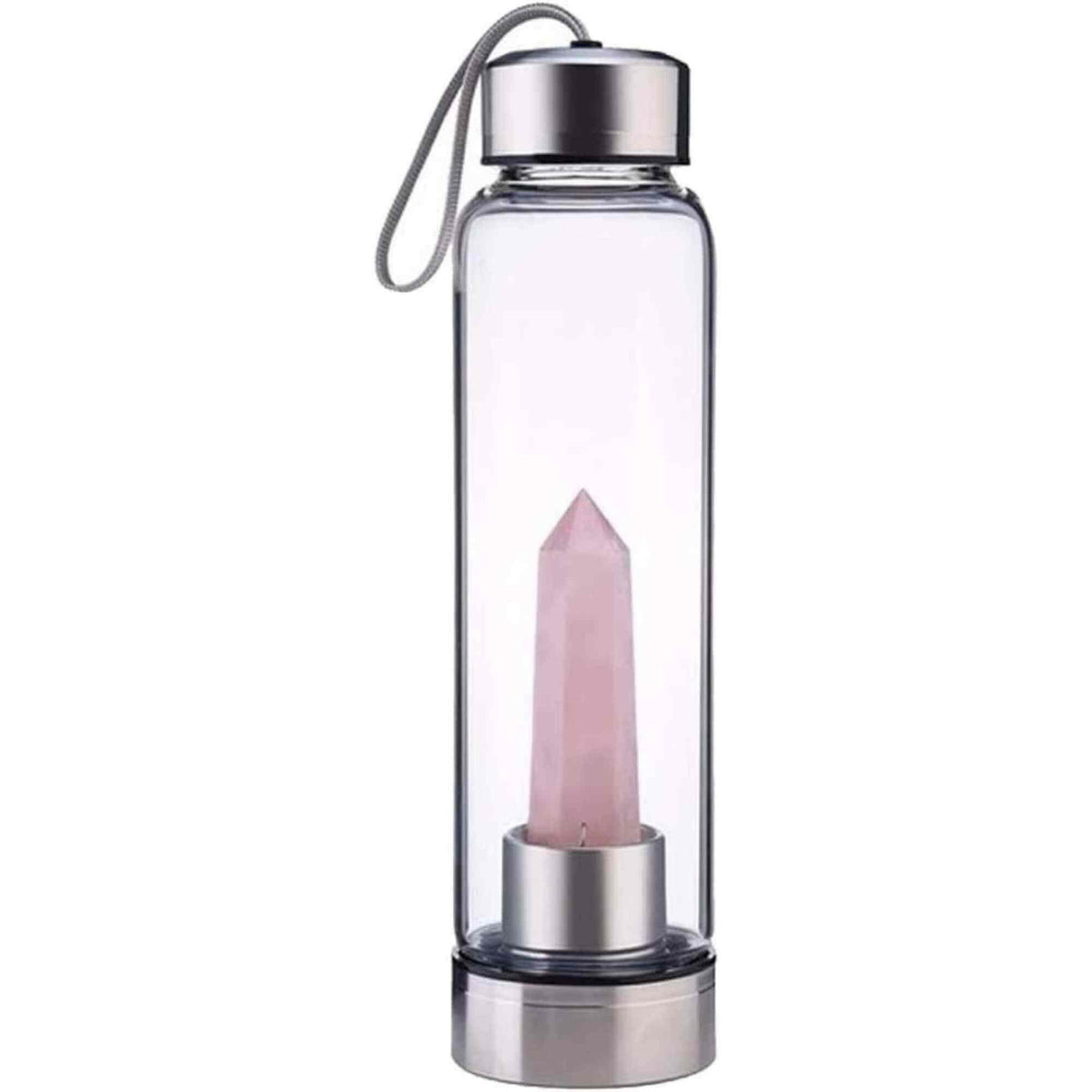 Sticla de apa cu varf de cristal Cuart Roz – Perfect pentru meditatie - Cadouri speciale pentru femei barbati prieteni