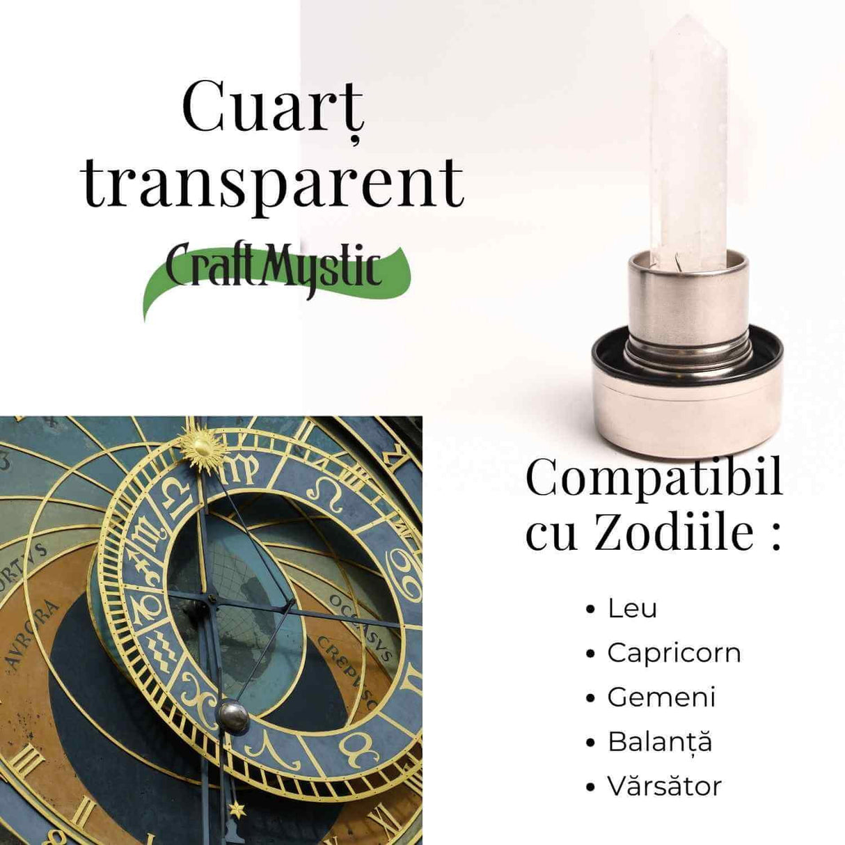 Sticla de apa cu varf de cristal Cuart transparent – Perfect pentru meditatie - Cadouri speciale pentru femei barbati prieteni