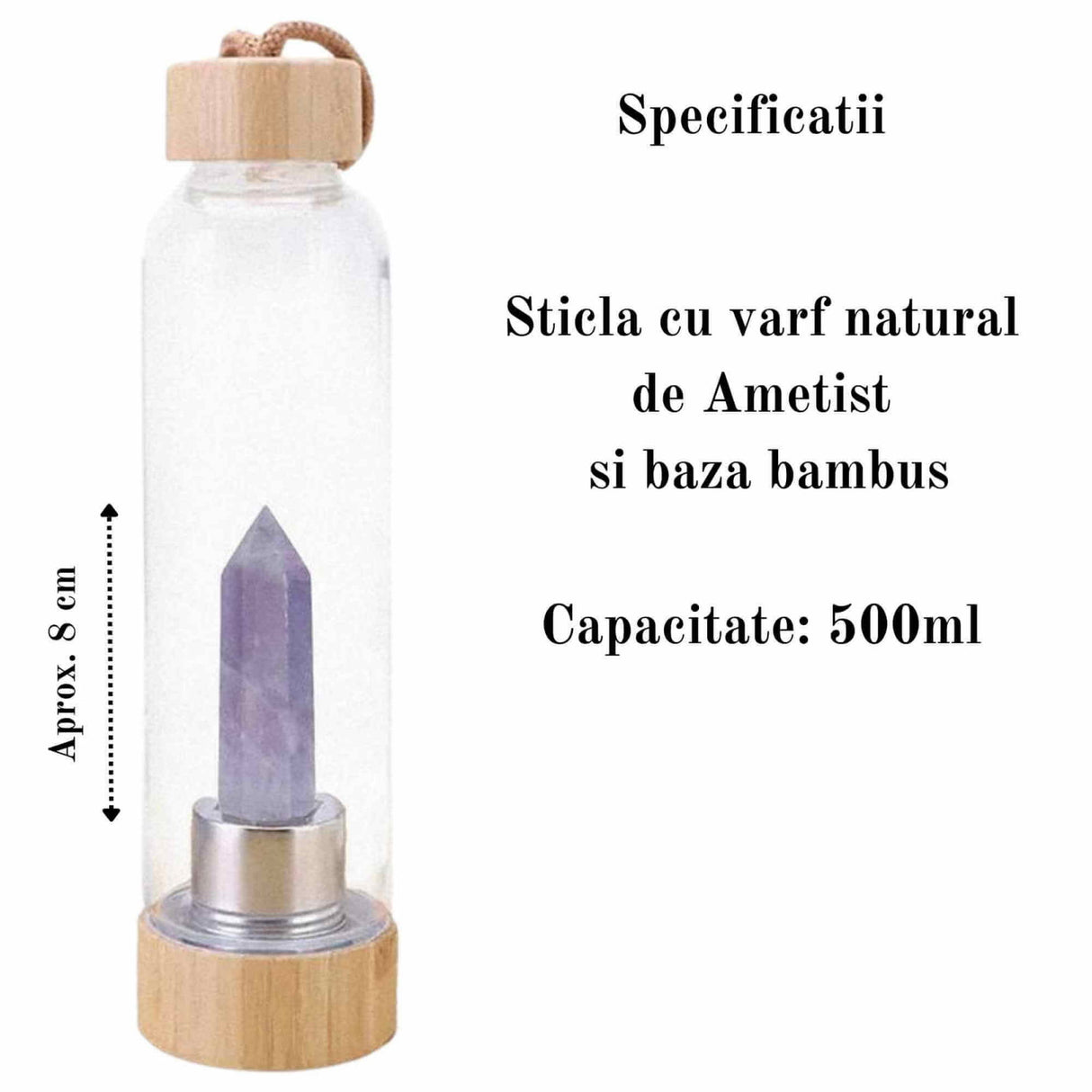 Sticla pentru apa cu varf cristal Ametist si Bambus - Capacitate 500 ml si include husa de protectie neagra