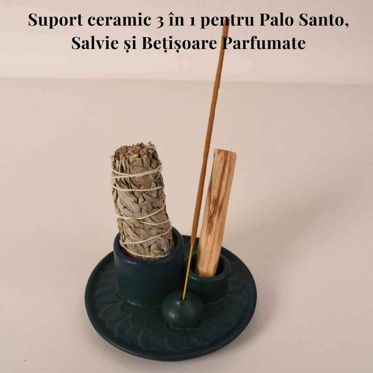 Suport ceramic 3 in 1 pentru salvie, Palo Santo si betisoare parfumate – model rotund