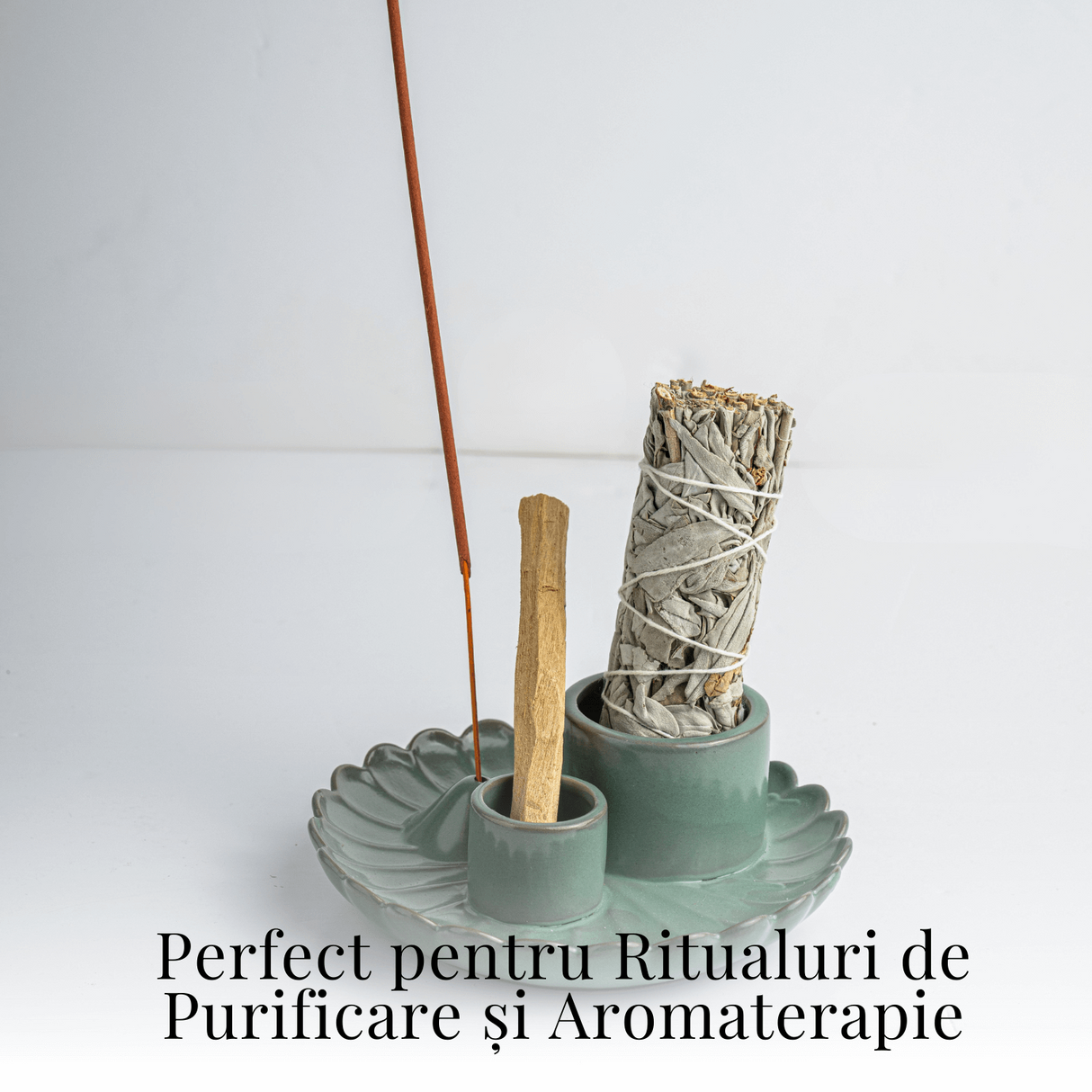 Suport 3 in 1 ceramic verde floare - Palo Santo, Salvie si Betisoare