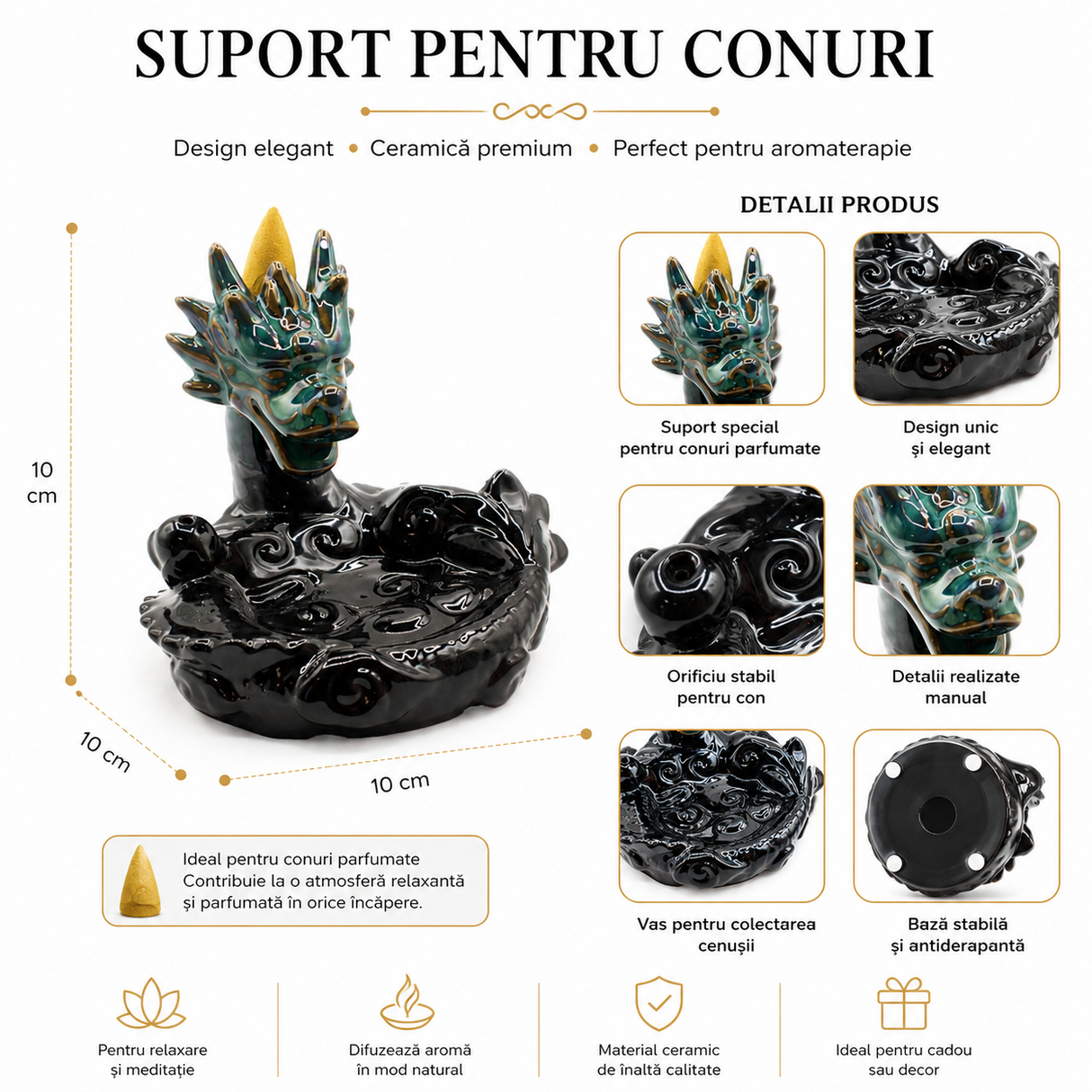 Suport Ceramic Dragon pentru Conuri Parfumate – Protectie Spirituala si Atmosfera Zen