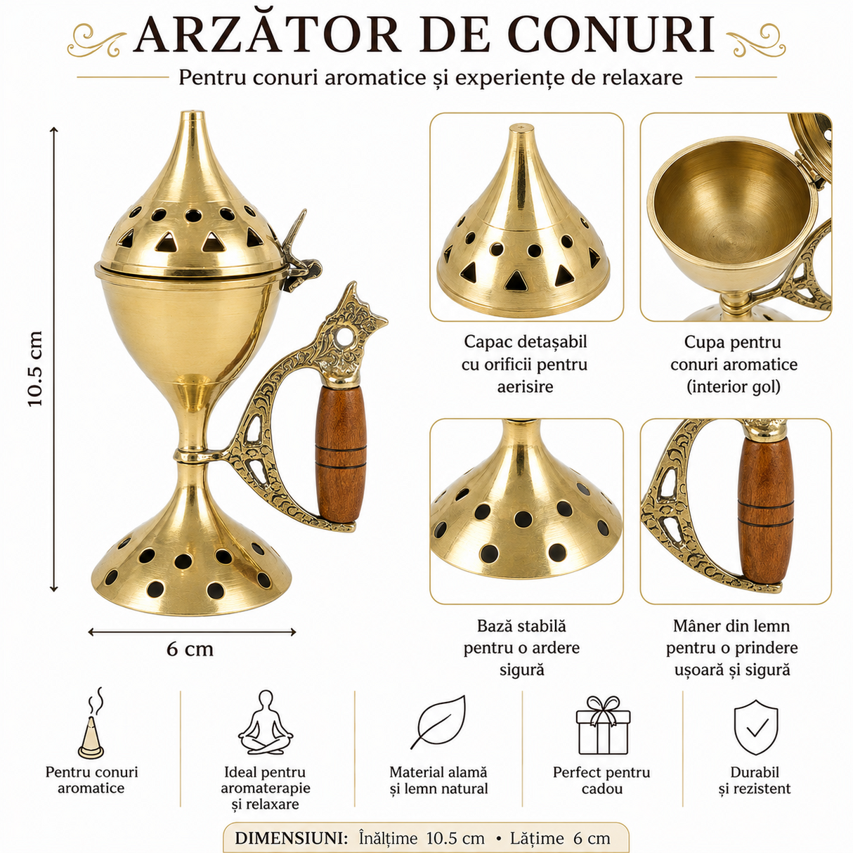 Arzator de Conuri din Alama cu Maner din Lemn – Ritual de Purificare si Relaxare Spirituala
