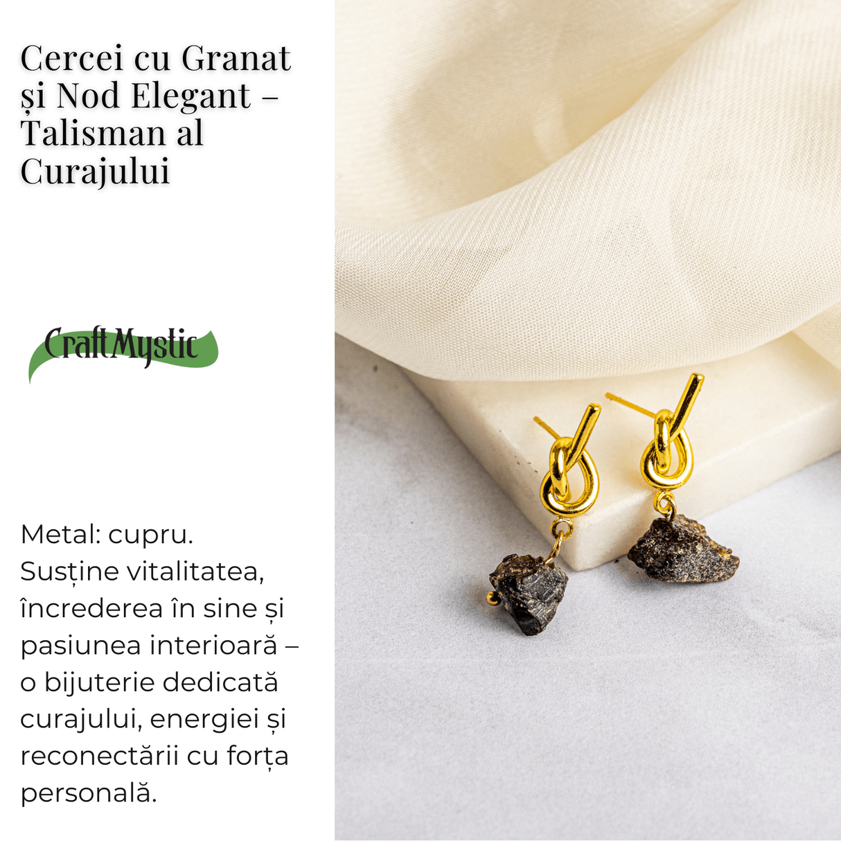 Talisman al Curajului - Cercei cu Granat si Nod Elegant