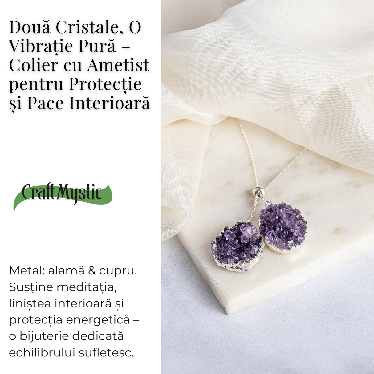 Doua cristale, o vibratie pura - Colier cu ametist pentru protectie si pace interioara