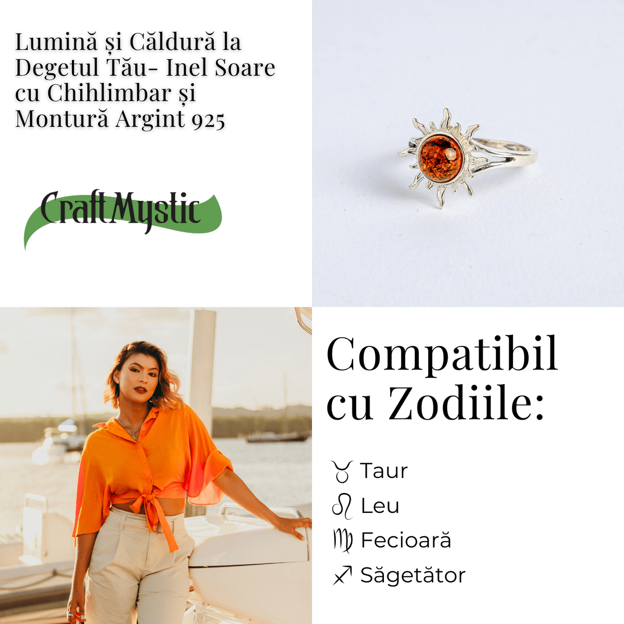 Inel Soare cu chihlimbar si montura argint 925 - Lumina si caldura la degetul tau