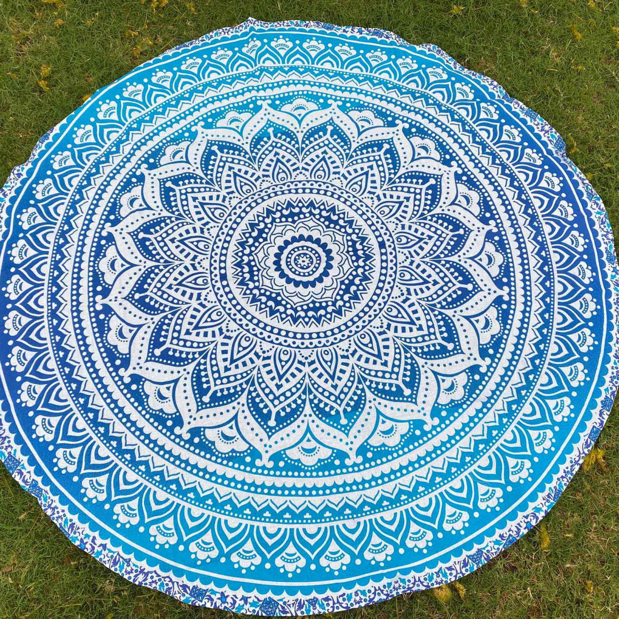Panza Rotunda 125 cm pentru Plaja cu Model Mandala, Realizata Manual - Covor Indian din Bumbac pentru Decor Boho/Masa/Exercitii de Yoga si Picnic