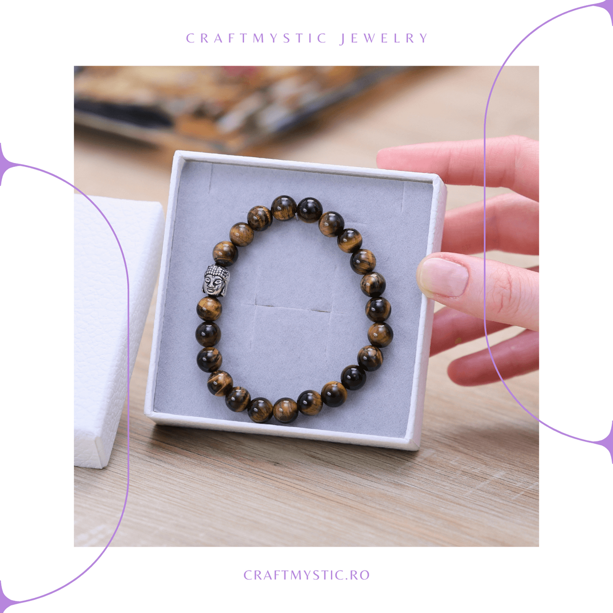 Bratara Elastica cu Margele 8mm din Piatra Naturala Ochi de Tigru si Pandantiv Buddha