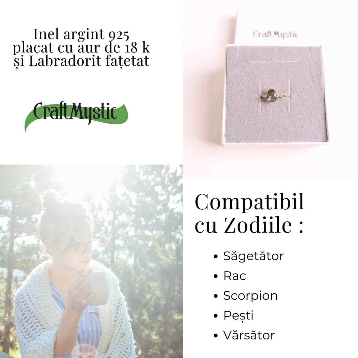 Inel cu Labradorit Fatetat din Argint 925 placat cu Aur de 18K M 49/5 - Intuitie Amplificata Si Protectie Energetica