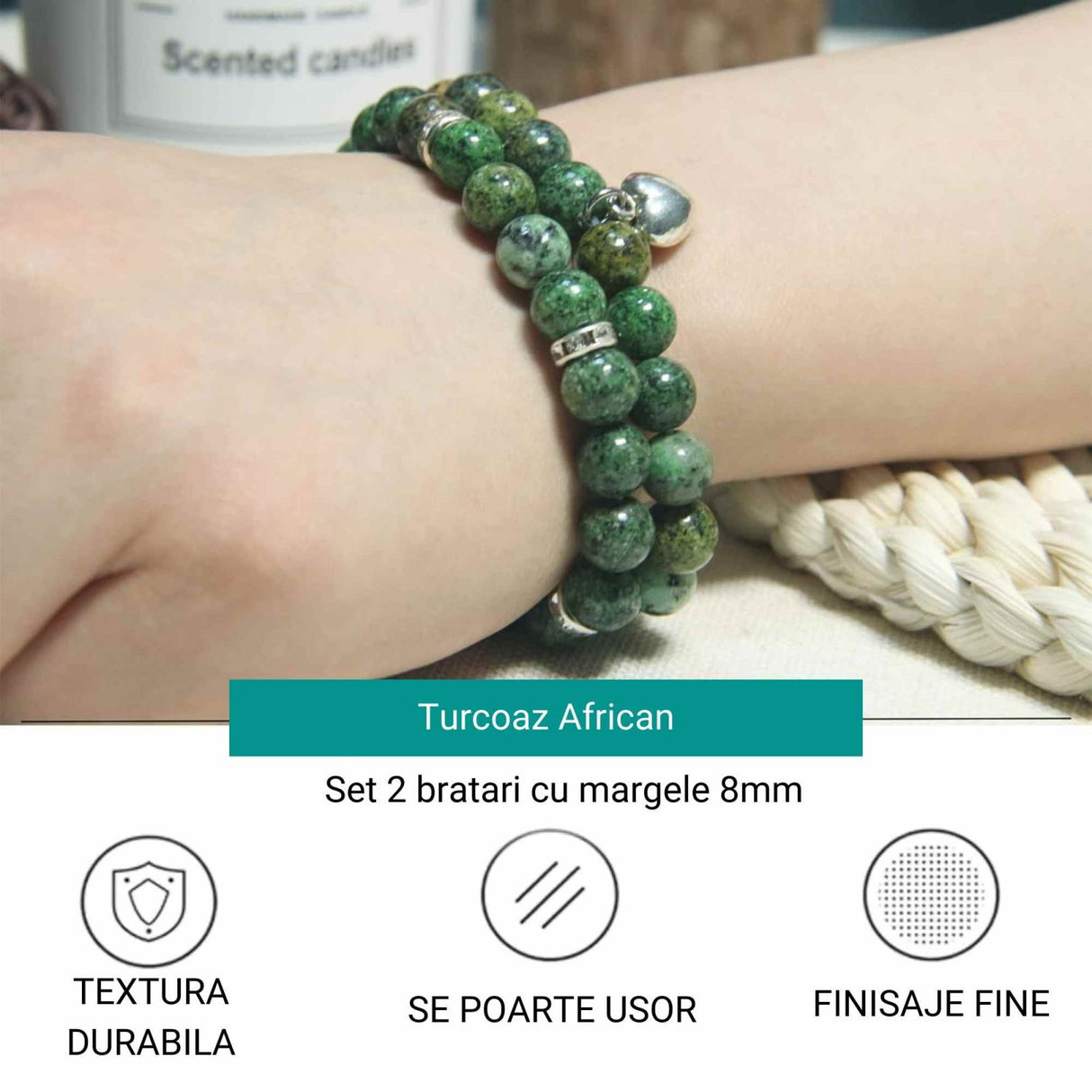 Set 2 Bratari elastice cu Margele 8mm din Turcoaz African Pentru Vindecare, Alinarea Anxietatii si Stresului