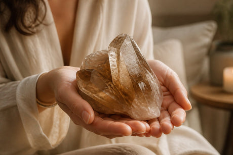 Cristal de stanca natural ținut în mâini