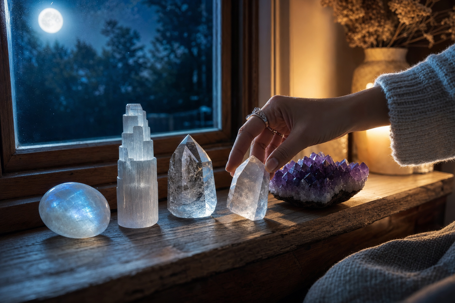 Cristale la lumina Lunii pline pe pervaz - lifestyle