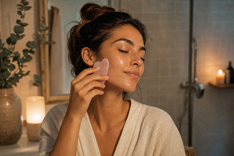 Gua sha din cuarț roz pentru masaj facial