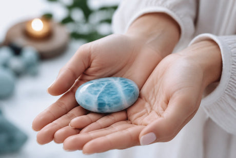 Larimar natural albastru deschis ținut în mâini