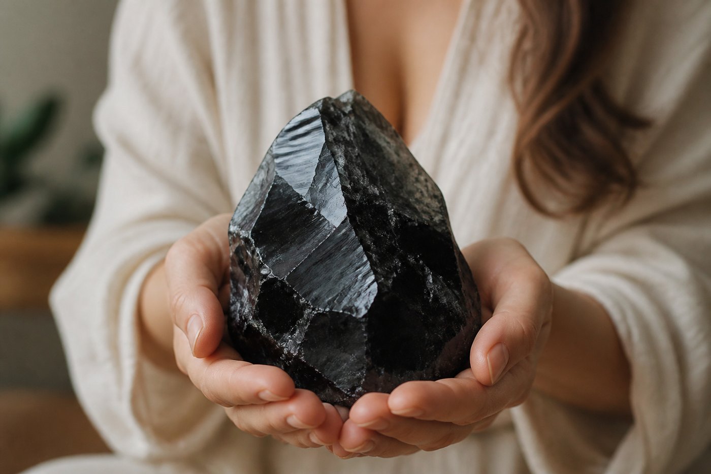 Obsidian natural ținut în mâini