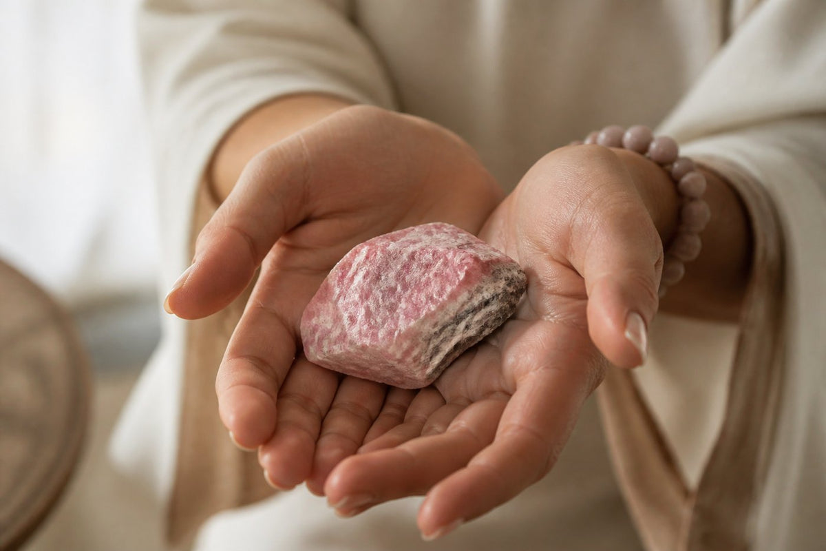 Rodonit natural ținut în mâini