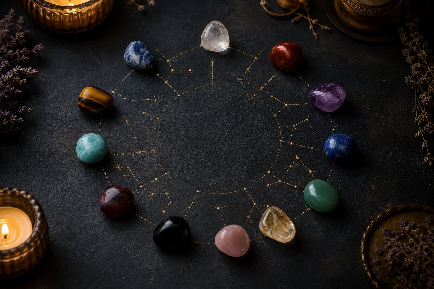 Cele 12 cristale ale zodiilor așezate în roată zodiacală