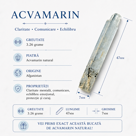 Acvamarin natural brut, nuanțe albastre-verzui, piesă de colecție