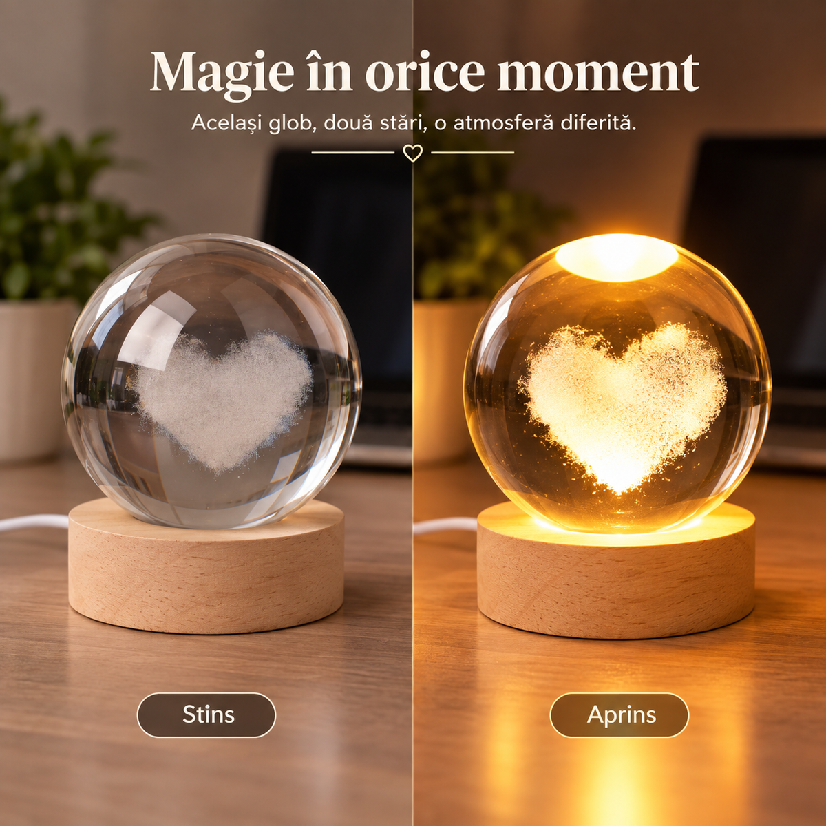 Lampă glob din sticlă cu inimă 3D și bază din lemn