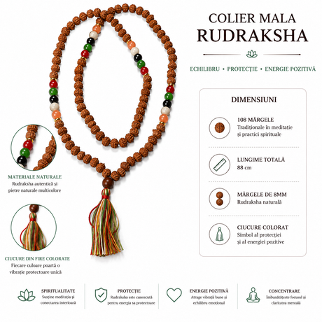 Colier Mala Rudraksha purtat, stil spiritual