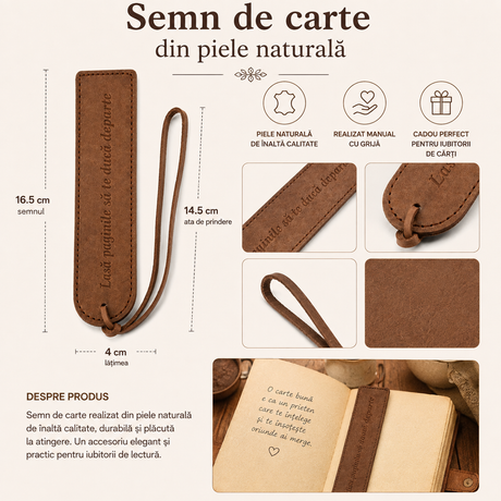 Semn de carte din piele naturala cu mesaj gravat – cadou elegant pentru iubitorii de carti