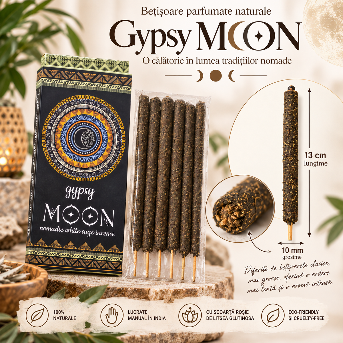 Bețișoare parfumate Gypsy MOON Salvie Albă, 6 bucăți