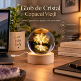 Lampă glob din sticlă Copacul Vieții cu bază din lemn
