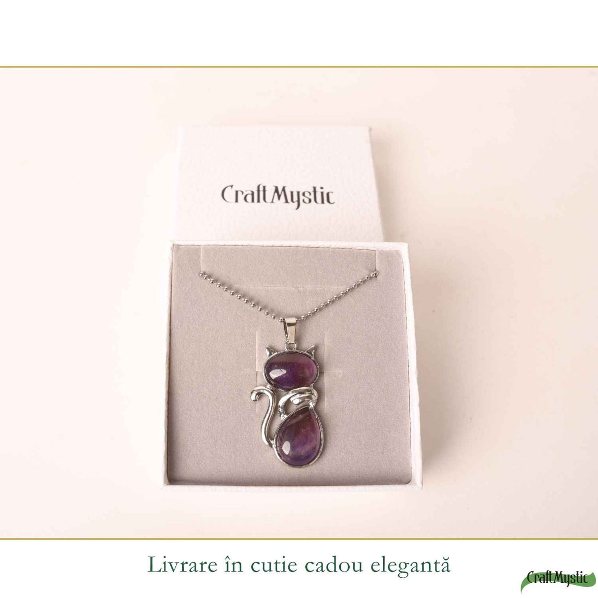 Colier cu Ametist Natural in Forma de Pisica – Protectie, Intuitie si Calm Interior