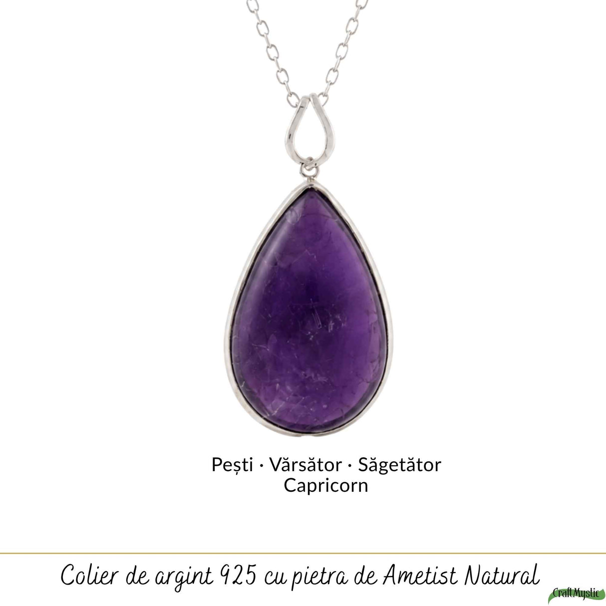 Colier Argint 925 cu Ametist Natural Lacrima – Simbol al Calmului si Echilibrului