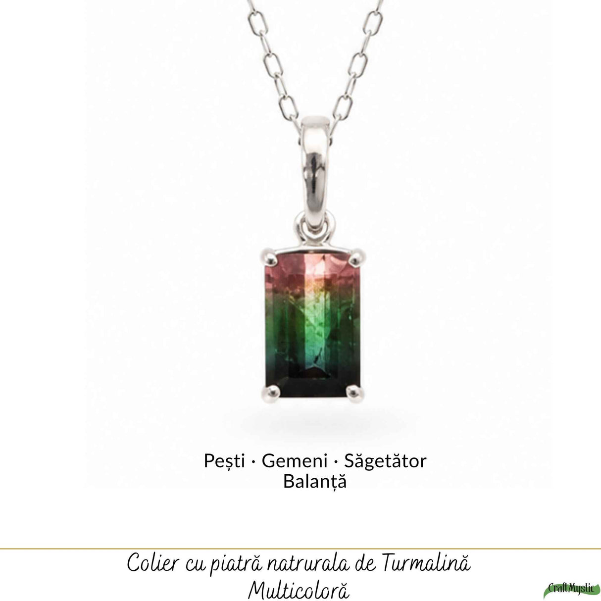 Colier Argint 925 cu Piatra Naturala de Turmalina Multicolora Fatetata Dreptunghi – Armonie si Energie Pozitiva