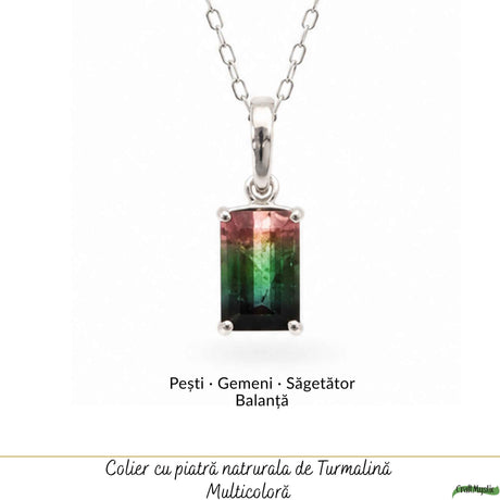 Colier Argint 925 cu Piatra Naturala de Turmalina Multicolora Fatetata Dreptunghi – Armonie si Energie Pozitiva