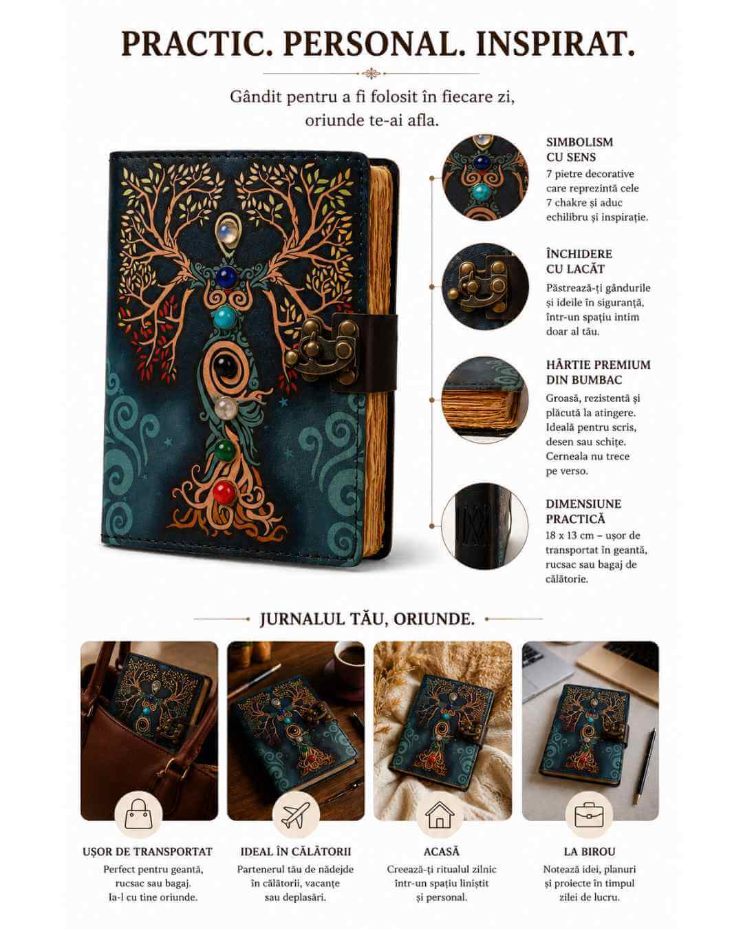 Jurnal vintage pentru magie model „Book of Shadow” cu 7 pietre pentru cele 7 chakre - Jurnal cu inchidere cu lacat, handmade din piele vintage 20x15 cm