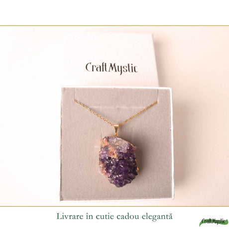 Colier cu ametist druzy natural neuniform, lant otel inoxidabil, pentru echilibru interior