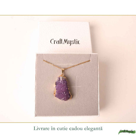 Colier cu ametist druzy natural neuniform, cristal brut pentru echilibru si intuitie
