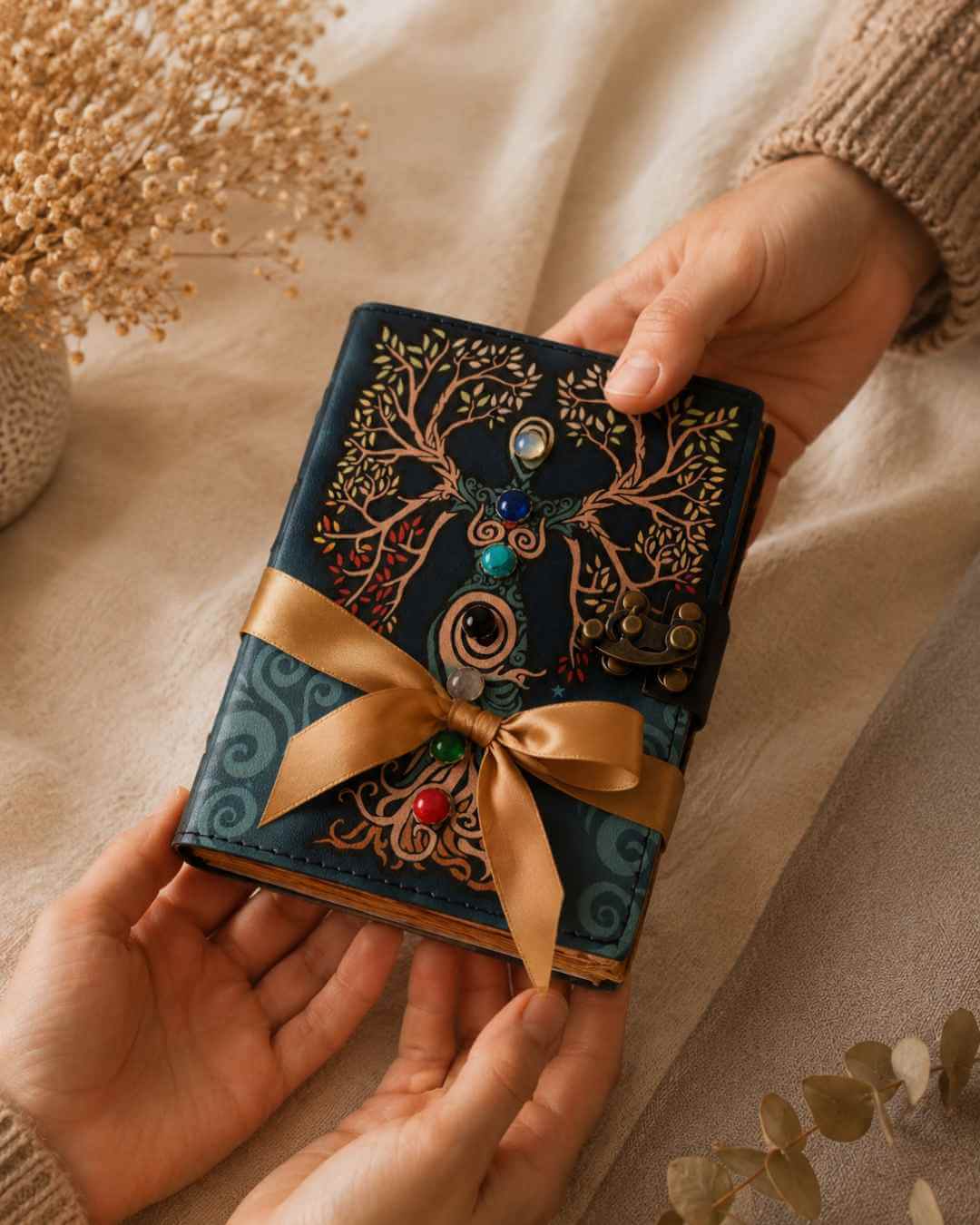 Jurnal vintage pentru magie model „Book of Shadow” cu 7 pietre pentru cele 7 chakre - Jurnal cu inchidere cu lacat, handmade din piele vintage 20x15 cm